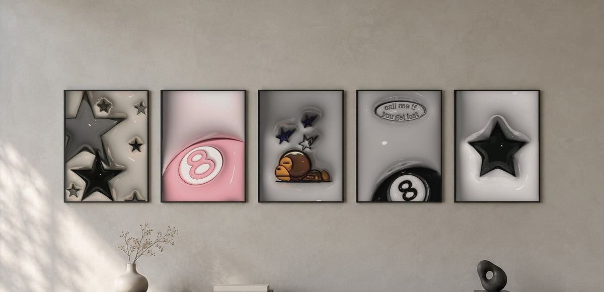 Gallery wall with five 3D art posters: stars, pink 8-ball, baby monkey, "Call me if you get lost" and black star