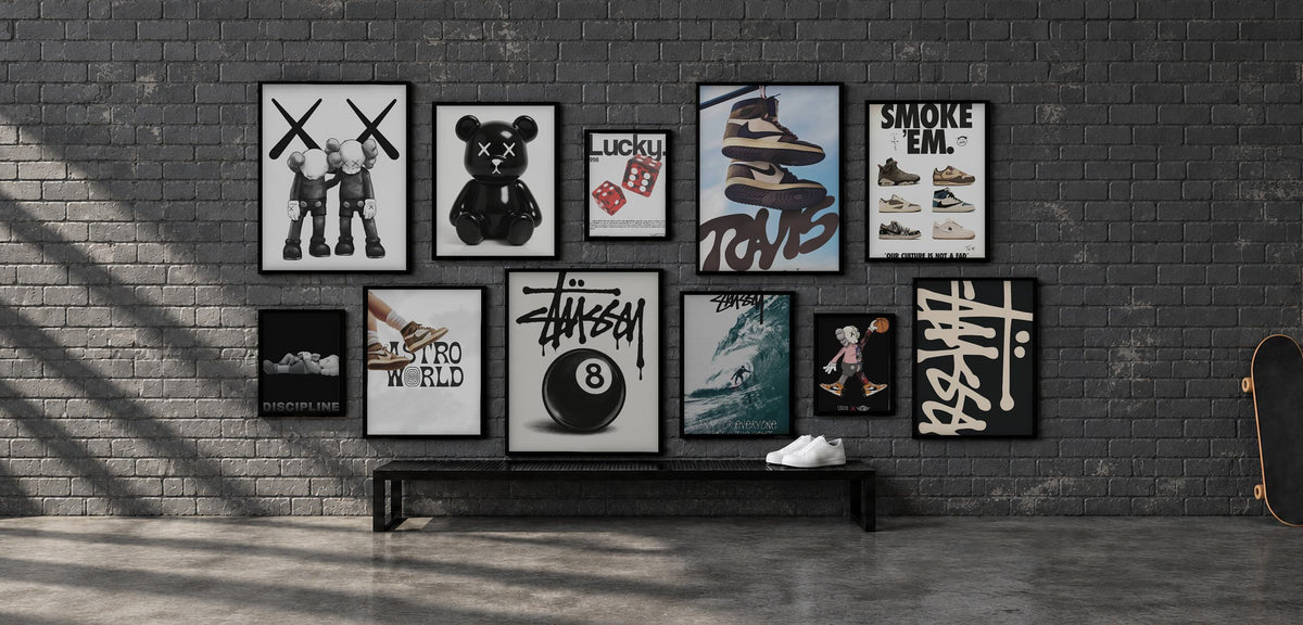 Gallery wall with sneaker, streetwear and KAWS posters